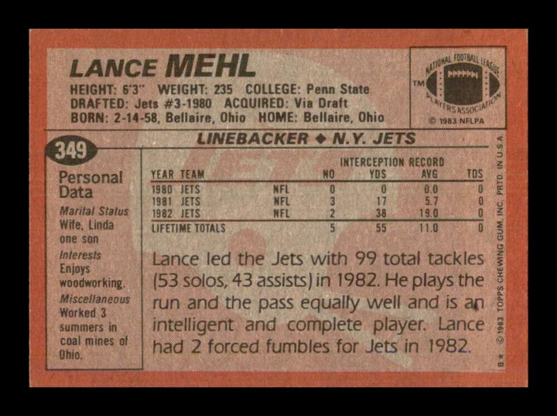 Load image into Gallery viewer, 1983 Topps Lance Mehl #349 New York Jets Rookie RC Image 2
