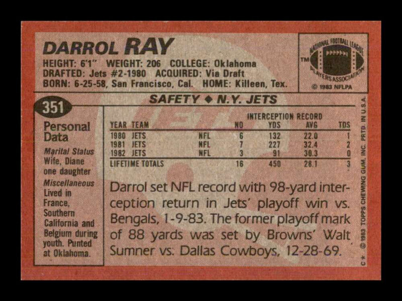 Load image into Gallery viewer, 1983 Topps Darrol Ray #351 New York Jets Image 2
