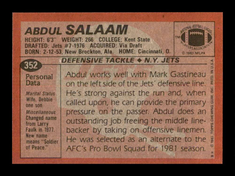 Load image into Gallery viewer, 1983 Topps Abdul Salaam #352 New York Jets Image 2
