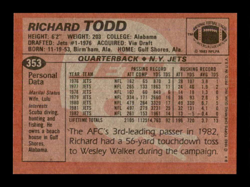 Load image into Gallery viewer, 1983 Topps Richard Todd #353 New York Jets Image 2
