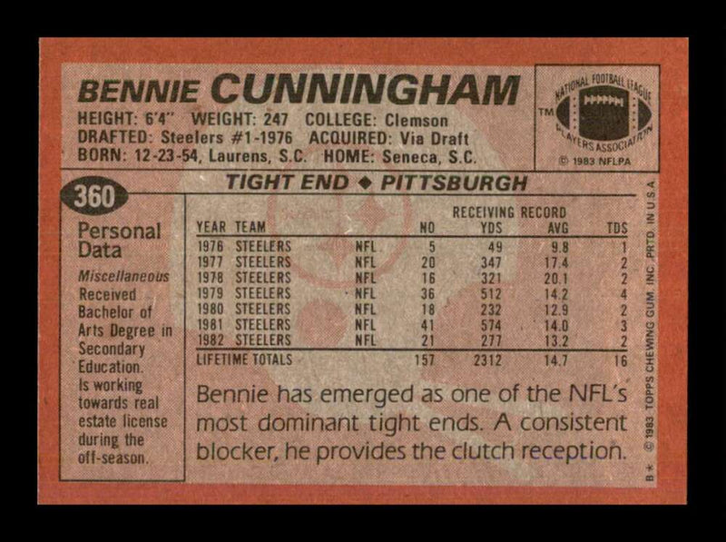 Load image into Gallery viewer, 1983 Topps Bennie Cunningham #360 Pittsburgh Steelers Image 2
