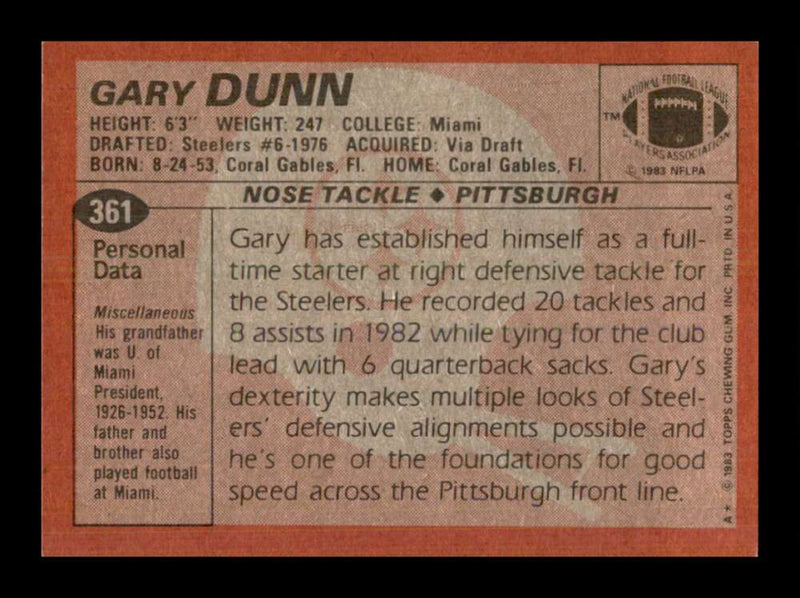 Load image into Gallery viewer, 1983 Topps Gary Dunn #361 Pittsburgh Steelers Image 2
