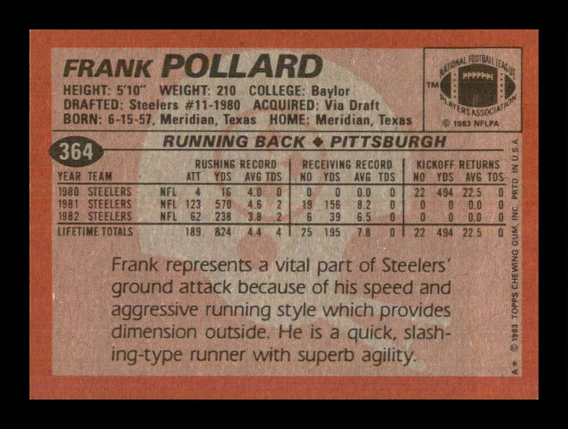 Load image into Gallery viewer, 1983 Topps Frank Pollard #364 Pittsburgh Steelers Image 2
