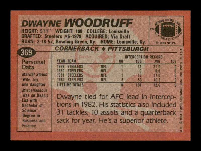 Load image into Gallery viewer, 1983 Topps Dwayne Woodruff #369 Pittsburgh Steelers Rookie RC Image 2
