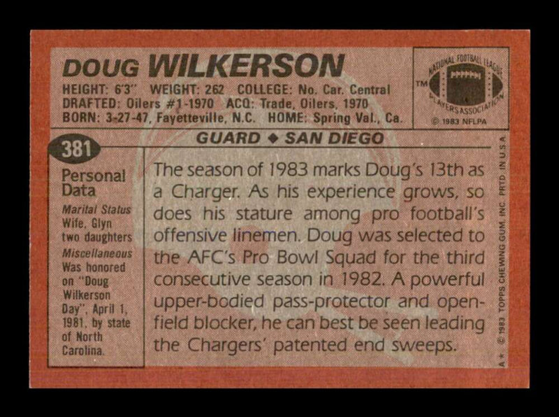 Load image into Gallery viewer, 1983 Topps Doug Wilkerson #381 San Diego Chargers Image 2
