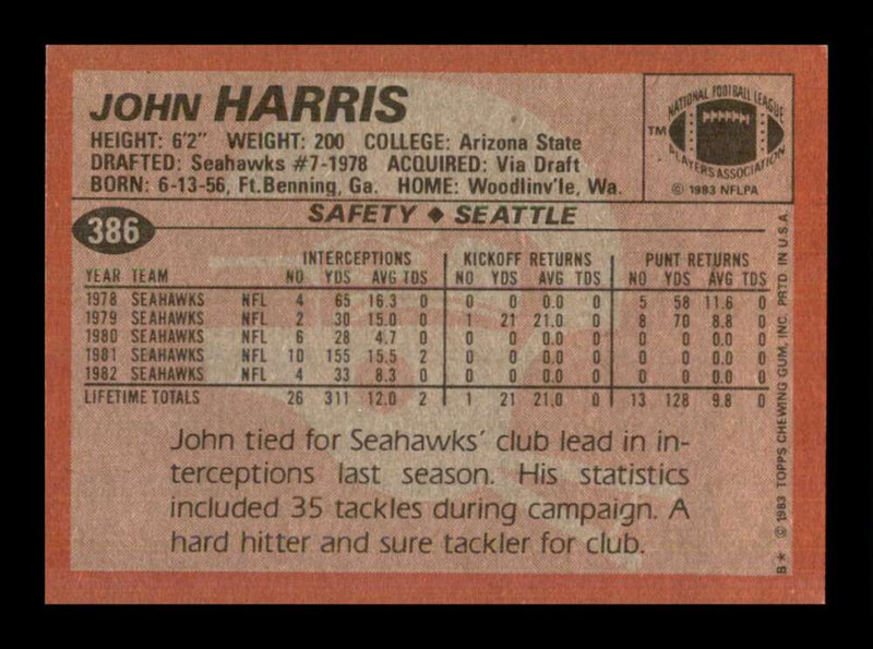 Load image into Gallery viewer, 1983 Topps John Harris #386 Seattle Seahawks Image 2
