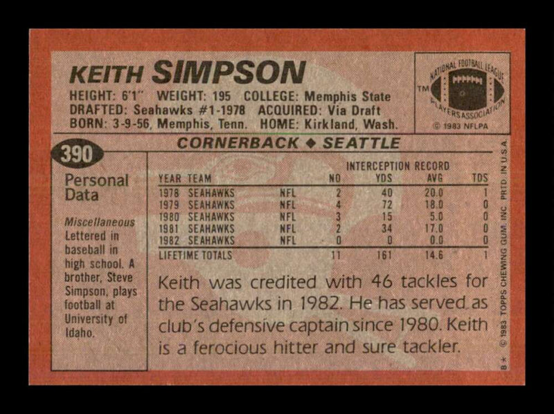 Load image into Gallery viewer, 1983 Topps Keith Simpson #390 Seattle Seahawks Image 2
