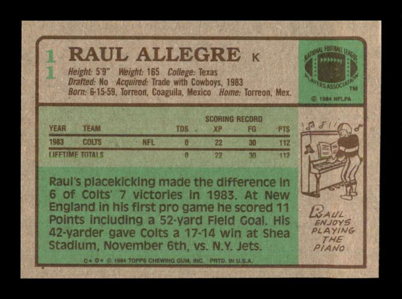 Load image into Gallery viewer, 1984 Topps Raul Allegre #11 Baltimore Colts Rookie RC Image 2
