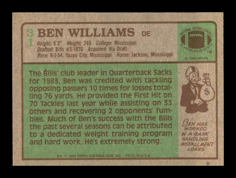 Load image into Gallery viewer, 1984 Topps Ben Williams #31 Buffalo Bills Image 2
