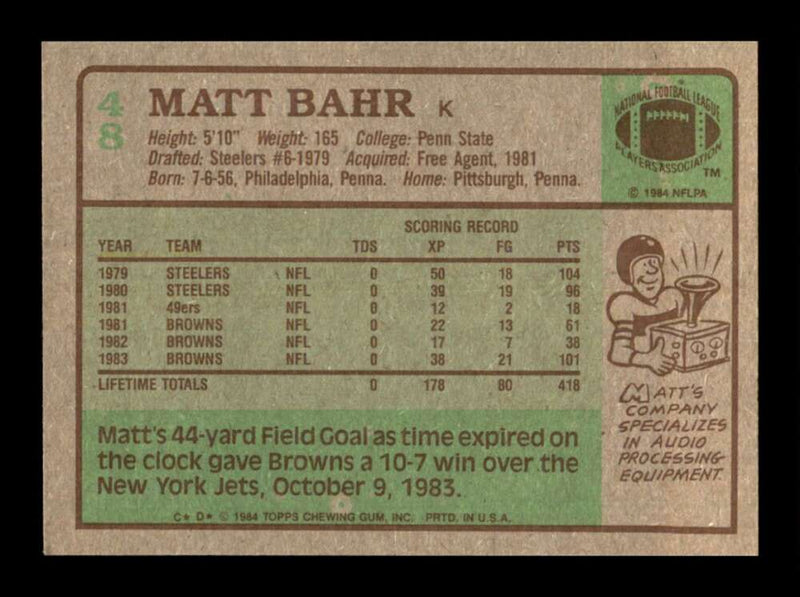 Load image into Gallery viewer, 1984 Topps Matt Bahr #48 Cleveland Browns Image 2
