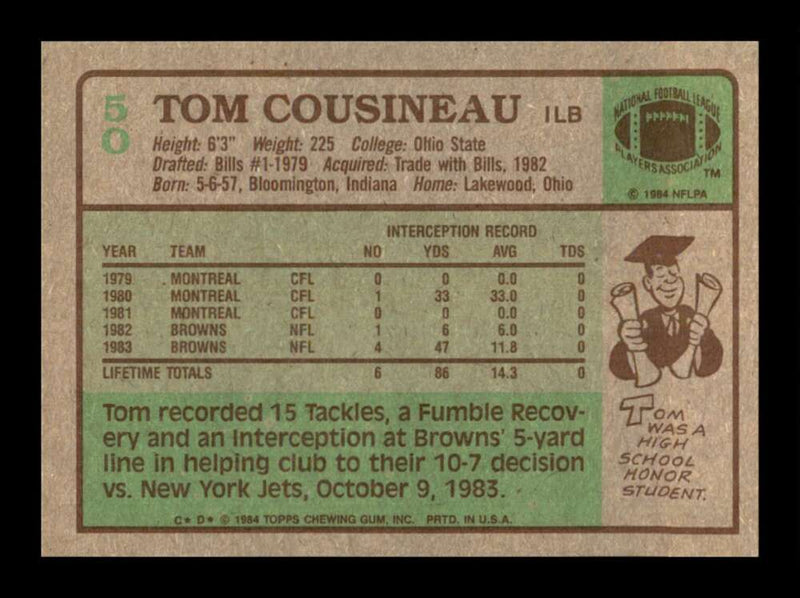 Load image into Gallery viewer, 1984 Topps Tom Cousineau #50 Cleveland Browns Image 2
