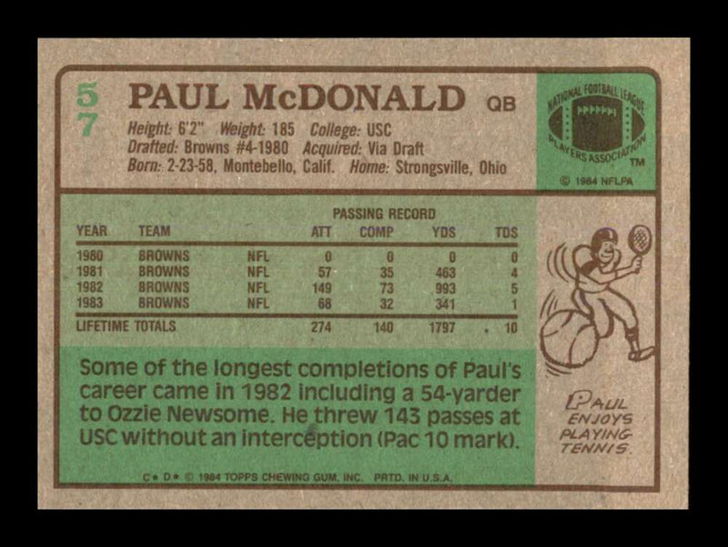 Load image into Gallery viewer, 1984 Topps Paul McDonald #57 Cleveland Browns Image 2
