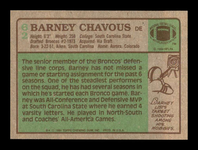 Load image into Gallery viewer, 1984 Topps Barney Chavous #62 Denver Broncos Rookie RC Image 2
