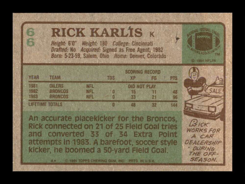 Load image into Gallery viewer, 1984 Topps Rich Karlis #66 Denver Broncos Image 2
