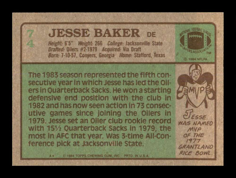 Load image into Gallery viewer, 1984 Topps Jesse Baker #74 Houston Oilers Image 2
