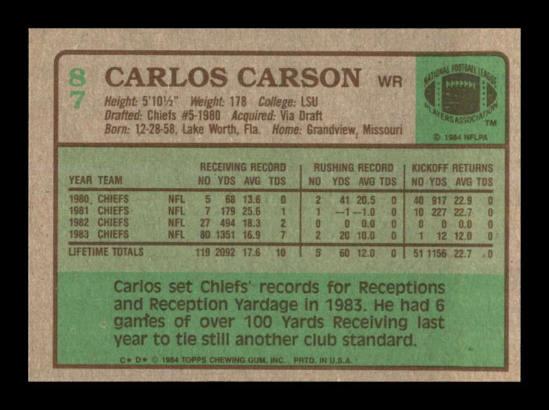 Load image into Gallery viewer, 1984 Topps Carlos Carson #87 Kansas City Chiefs Image 2
