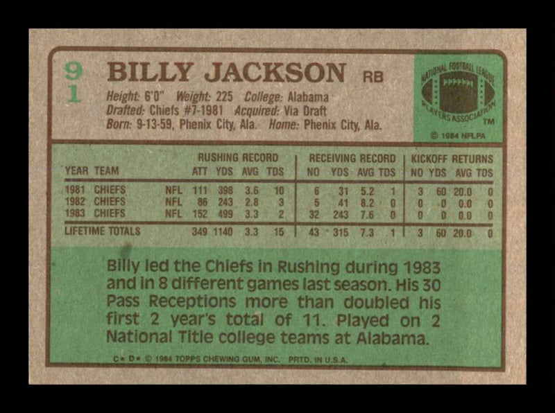 Load image into Gallery viewer, 1984 Topps Billy Jackson #91 Kansas City Chiefs Image 2
