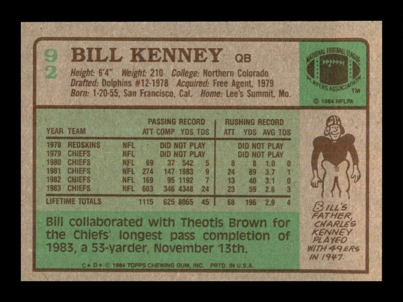 Load image into Gallery viewer, 1984 Topps Bill Kenney #92 Kansas City Chiefs Image 2
