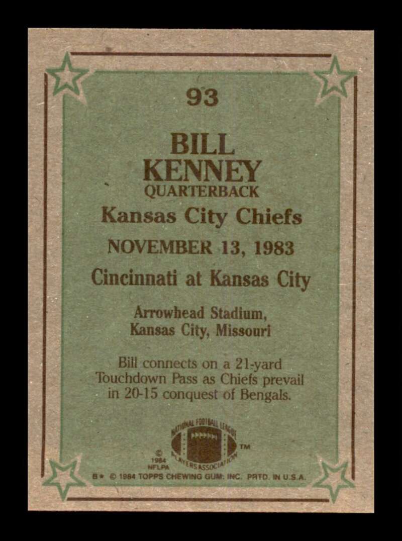 Load image into Gallery viewer, 1984 Topps Bill Kenney #93 Kansas City Chiefs Image 2
