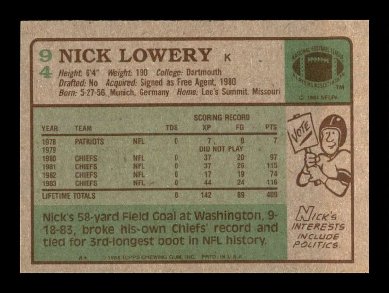 Load image into Gallery viewer, 1984 Topps Nick Lowery #94 Kansas City Chiefs Image 2
