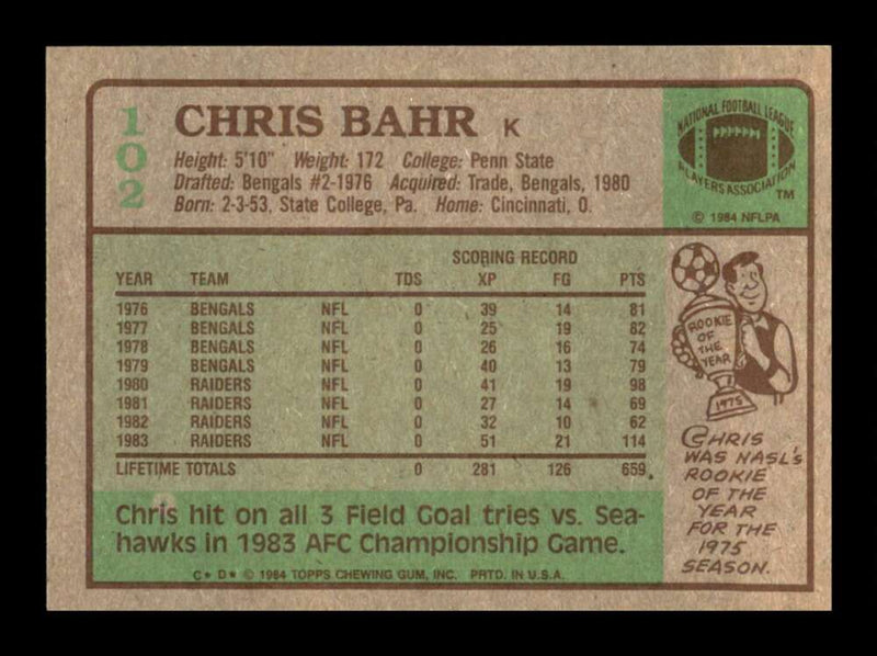 Load image into Gallery viewer, 1984 Topps Chris Bahr #102 Los Angeles Raiders Image 2
