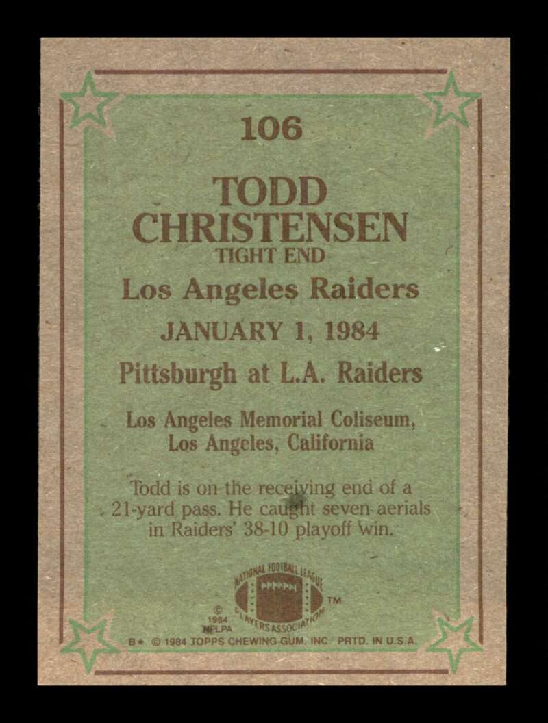 Load image into Gallery viewer, 1984 Topps Todd Christensen #106 Los Angeles Raiders Image 2
