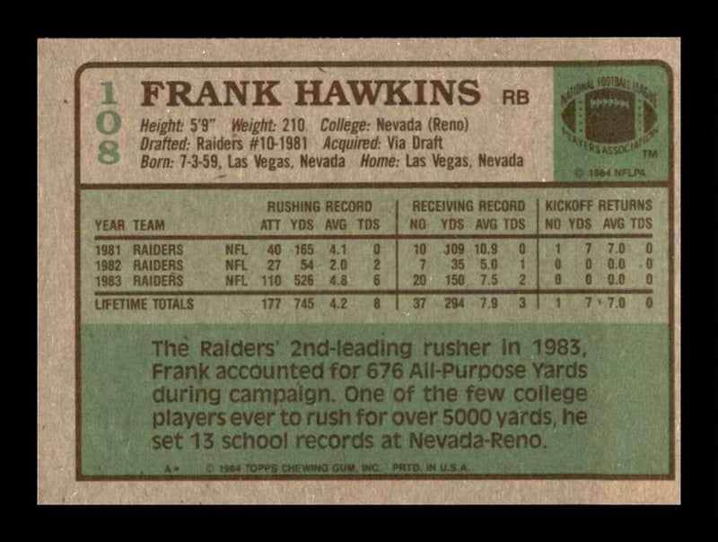 Load image into Gallery viewer, 1984 Topps Frank Hawkins #108 Los Angeles Raiders Image 2
