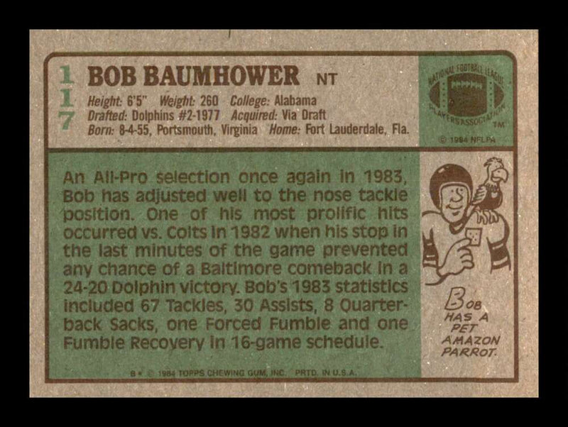 Load image into Gallery viewer, 1984 Topps Bob Baumhower #117 Miami Dolphins Image 2
