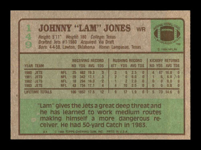 Load image into Gallery viewer, 1984 Topps Lam Jones #149 New York Jets Image 2
