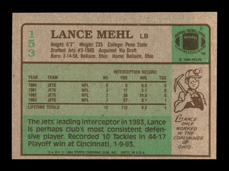 Load image into Gallery viewer, 1984 Topps Lance Mehl #153 New York Jets Image 2
