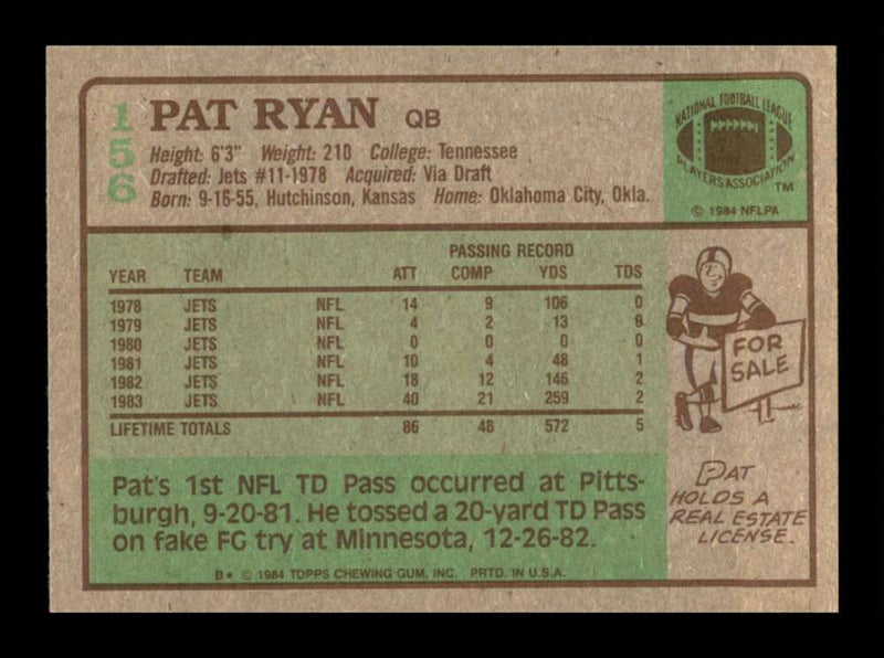 Load image into Gallery viewer, 1984 Topps Pat Ryan #156 New York Jets Rookie RC Image 2
