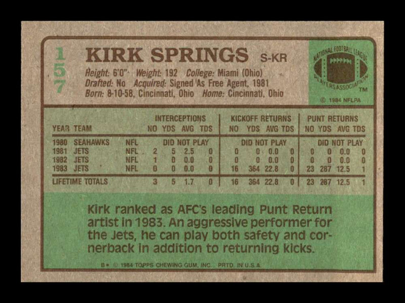 Load image into Gallery viewer, 1984 Topps Kirk Springs #157 New York Jets Image 2
