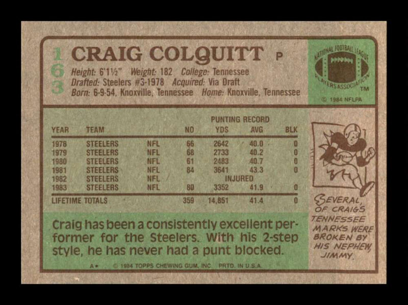 Load image into Gallery viewer, 1984 Topps Craig Colquitt #163 Pittsburgh Steelers Image 2
