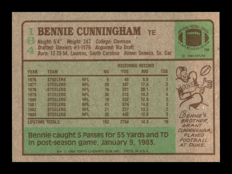 Load image into Gallery viewer, 1984 Topps Bennie Cunningham #164 Pittsburgh Steelers Image 2
