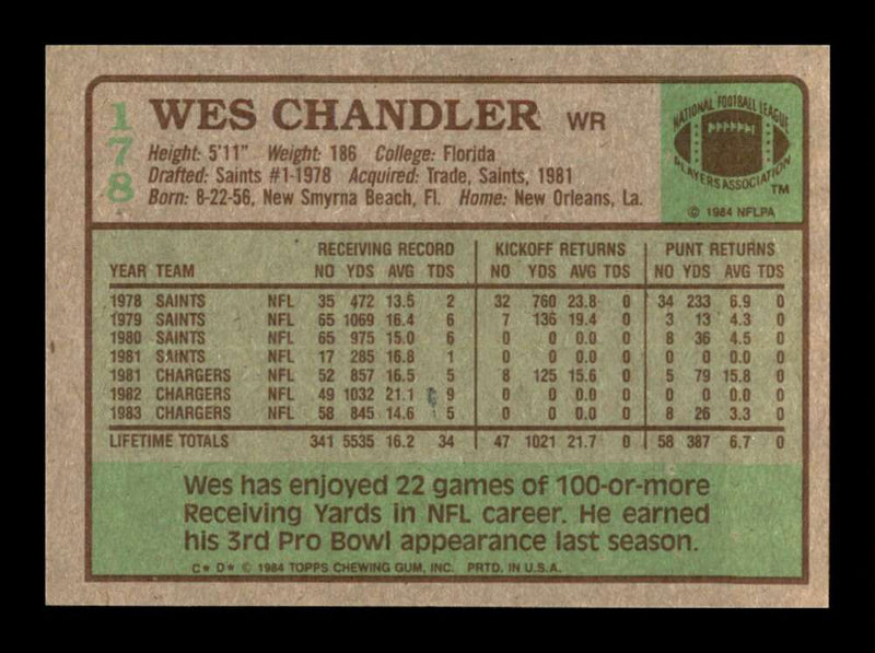 Load image into Gallery viewer, 1984 Topps Wes Chandler #178 San Diego Chargers Image 2
