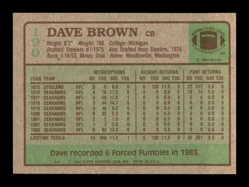 Load image into Gallery viewer, 1984 Topps Dave Brown #190 Seattle Seahawks Image 2
