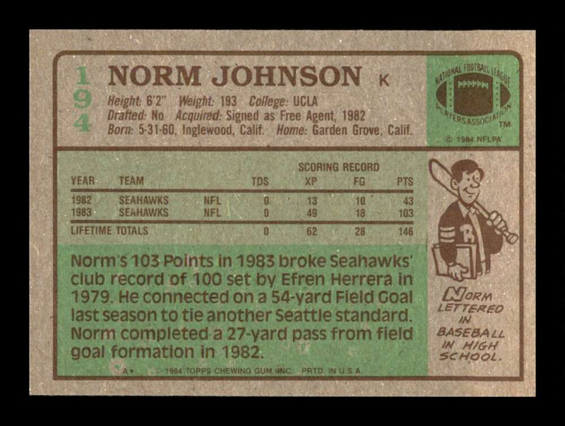 Load image into Gallery viewer, 1984 Topps Norm Johnson #194 Seattle Seahawks Image 2
