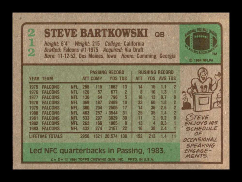 Load image into Gallery viewer, 1984 Topps Steve Bartkowski #212 Atlanta Falcons Image 2
