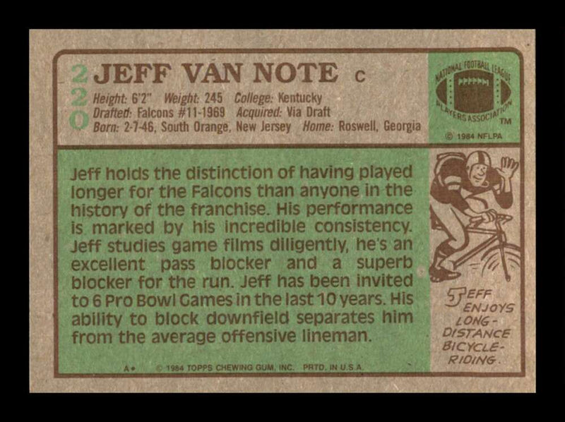 Load image into Gallery viewer, 1984 Topps Jeff Van Note #220 Atlanta Falcons Image 2
