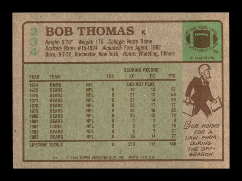 Load image into Gallery viewer, 1984 Topps Bob Thomas #234 Chicago Bears Image 2
