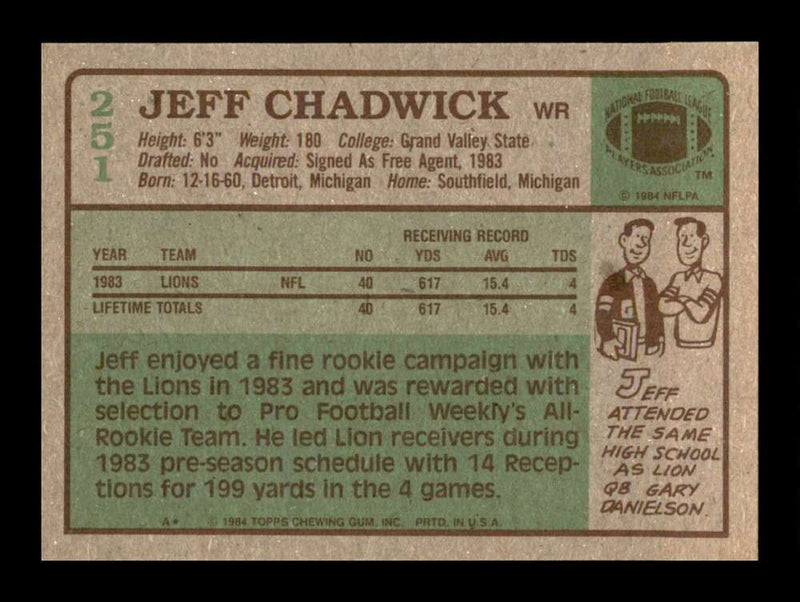 Load image into Gallery viewer, 1984 Topps Jeff Chadwick #251 Detroit Lions Rookie RC Image 2
