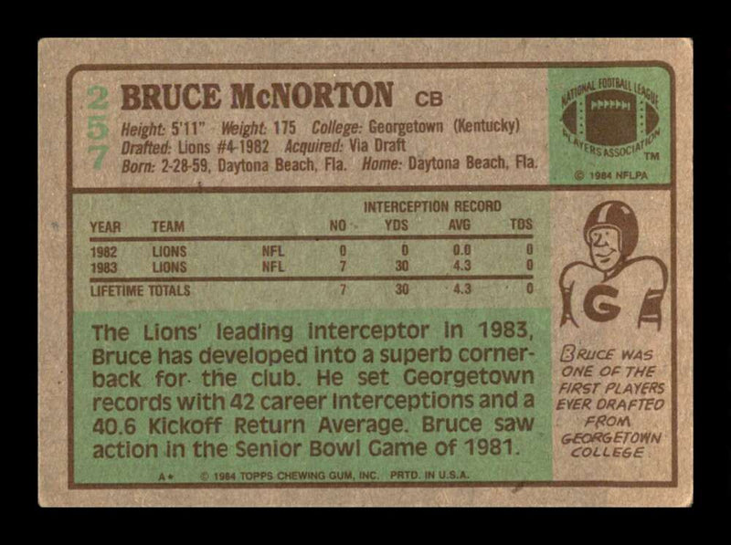 Load image into Gallery viewer, 1984 Topps Bruce McNorton #257 Detroit Lions Image 2
