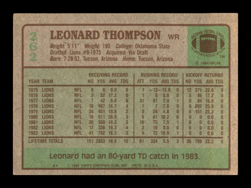 Load image into Gallery viewer, 1984 Topps Leonard Thompson #262 Detroit Lions Image 2
