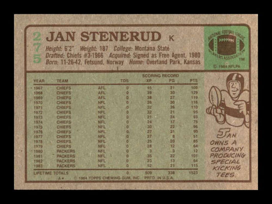 1984 Topps Jan Stenerud 