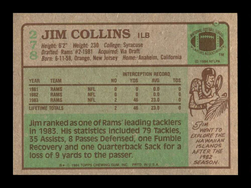 Load image into Gallery viewer, 1984 Topps Jim Collins #278 Los Angeles Rams Image 2
