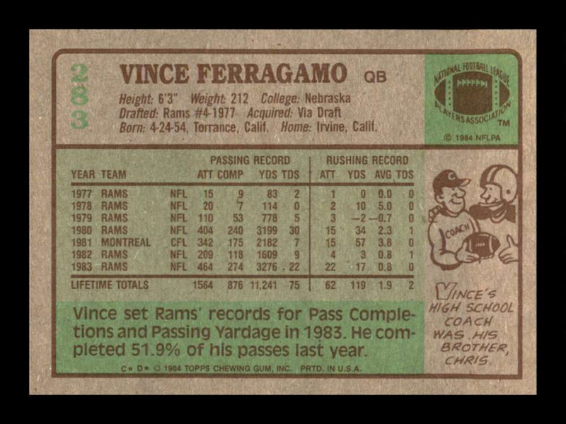 Load image into Gallery viewer, 1984 Topps Vince Ferragamo #283 Los Angeles Rams Image 2
