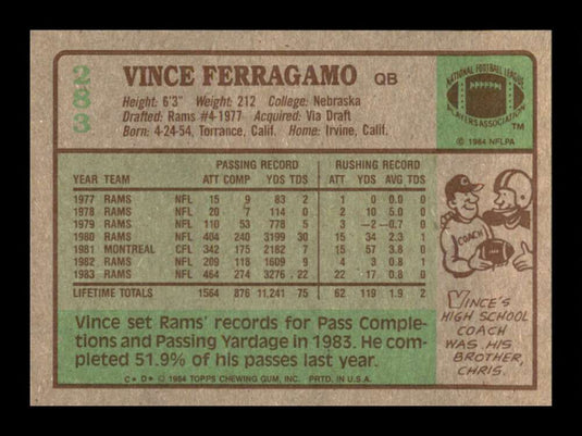 1984 Topps Vince Ferragamo 