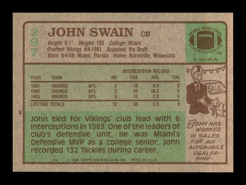 Load image into Gallery viewer, 1984 Topps John Swain #297 Minnesota Vikings Image 2
