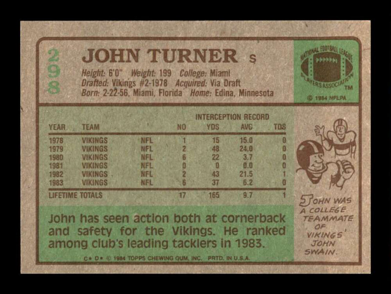 Load image into Gallery viewer, 1984 Topps John Turner #298 Minnesota Vikings Image 2
