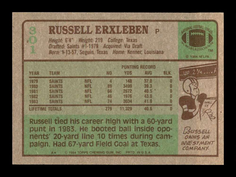 Load image into Gallery viewer, 1984 Topps Russell Erxleben #301 New Orleans Saints Image 2
